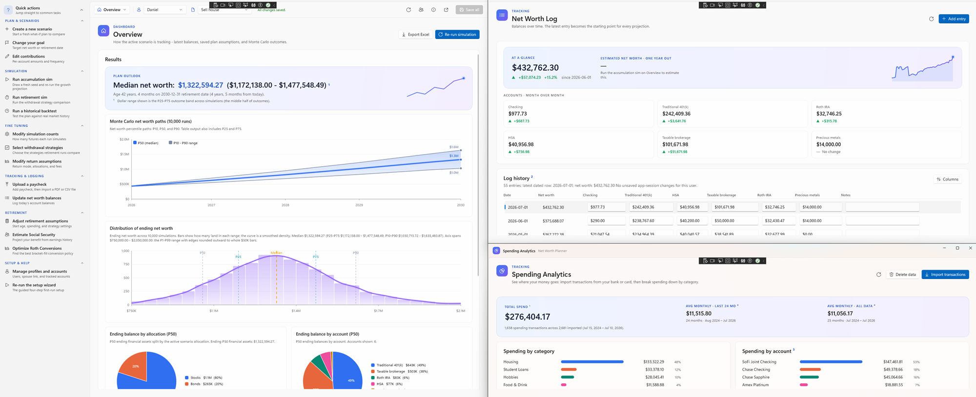 Overview dashboard, net-worth log, and spending analytics side by side